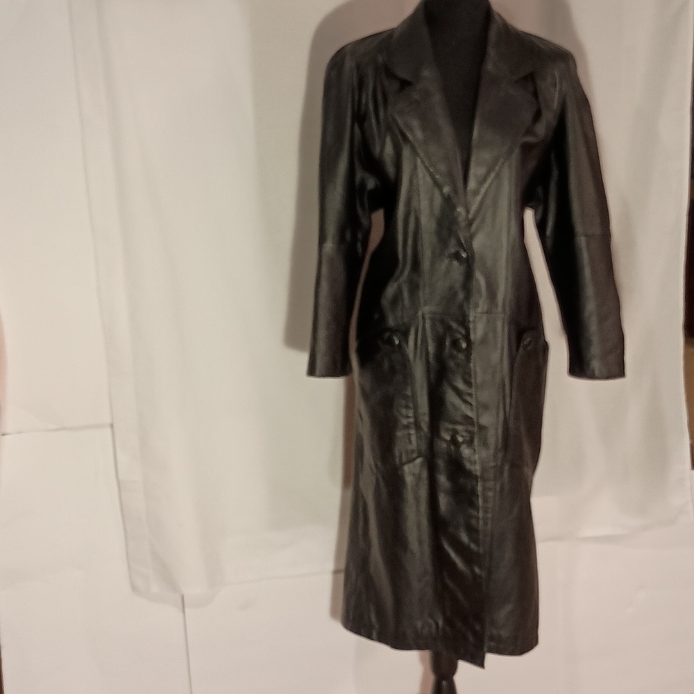 Vintage, Brandon Thomas Full Length Black Leather Coat - Size Petite Small